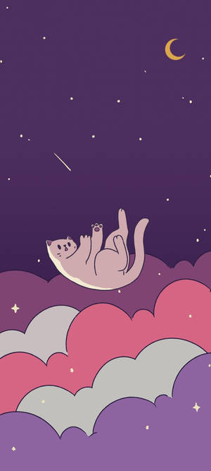 一隻粉紅色貓咪在帶有彎月的星空夜空下漂浮在雲朵上。 — 秋天 壁紙