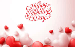 Happy Valentine's Day 文字被漂浮的紅色和白色心形包圍。