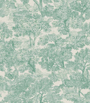 奶油色背景上帶有樹木和樹葉的綠色 toile de jouy 壁紙。