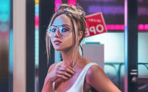 戴眼鏡穿白色上衣的女性，在霓虹燈閃爍的夜晚城市中