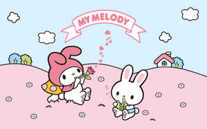 My Melody 喺一個有屋同雲嘅粉紅色田野中，俾一朵玫瑰俾兔仔朋友。 — 簡約美學筆電 壁紙
