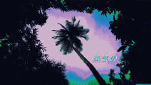 棕櫚樹剪影被深色樹葉框住，映襯著發光的紫色和藍綠色天空。