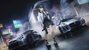動漫女孩拿著雨傘和步槍站在下雨的霓虹城市中，有豪華汽車。 — 酷車 壁紙