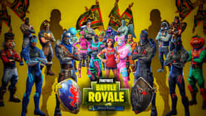 《Fortnite Battle Royale》角色穿著色彩繽紛的服裝，手持盾牌和旗幟擺姿勢。