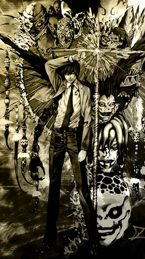 穿著西裝的年輕男子被手持帶刺傘的惡魔生物包圍。