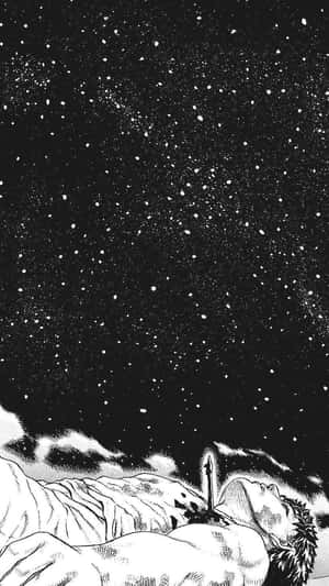 一個戰士在積雪的山上休息，在繁星點點的夜空下，附近有一把劍。