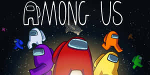 Among Us 遊戲角色在宇宙中漂浮，伴有星星和太空船。