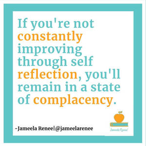 Jameela Renee關於自我反思與自滿的勵志名言，附有蘋果標誌。