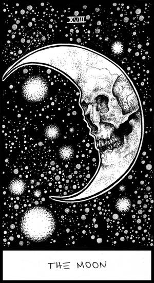 塔羅牌「月亮」顯示一個帶有骷髏臉的彎月，周圍環繞著星星。