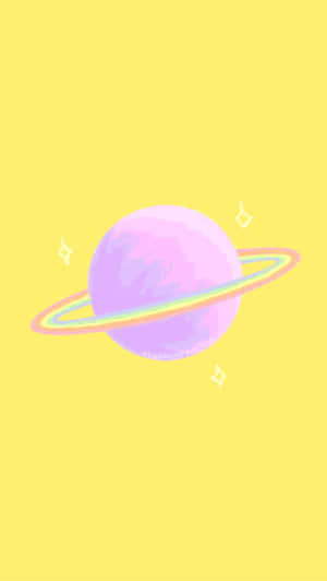 粉紫色星球、彩虹環、黃色背景上的閃光