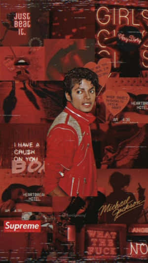 Michael Jackson 拼貼畫，帶有專輯引言和 Supreme 品牌，以紅色調呈現。