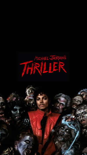 米高積遜身穿紅色外套，被Thriller音樂錄影帶中的喪屍包圍。
