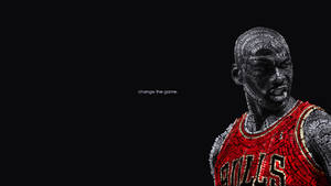 米高佐敦身穿公牛球衣的文字藝術肖像，文字為change the game。 — Jordan 標誌 GIF 壁紙