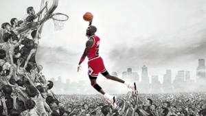 米高佐敦空中入樽越過人群與城市天際線 — Air Jordan GIF 壁紙