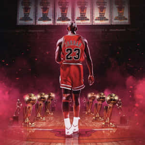 米高佐敦身穿紅色球衣，在紅光下被NBA獎盃環繞。 — 邁克爾·喬丹 壁紙