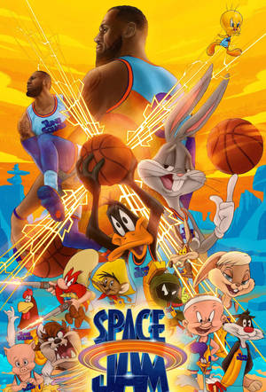 Space Jam 電影海報，展示 NBA 球員和 Looney Tunes 角色在太空中打籃球。