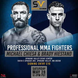 兩位男性MMA拳手Michael Chiesa和Brady Hiestand在簽名活動中。