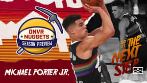 Michael Porter Jr. 在半空中準備投籃，帶有丹佛金塊品牌標誌。