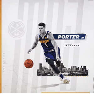 Michael Porter Jr.身穿丹佛金塊隊球衣，在城市天際線背景下運球。
