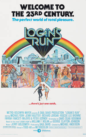 《Logan's Run》電影海報，帶有彩虹和未來城市景觀。 — 紐約市 壁紙