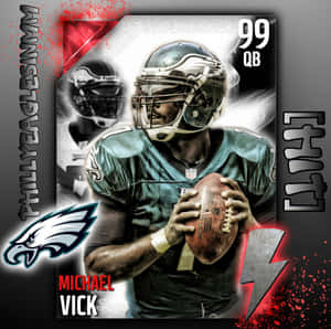 Michael Vick 穿著老鷹隊制服，手持帶有球隊標誌和統計數據的橄欖球。