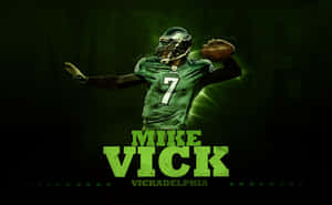 身穿綠色7號球衣的美式足球員Mike Vick，在發光綠色文字下擲球。