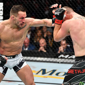 兩名男性MMA拳手在八角籠中，其中一人出拳。