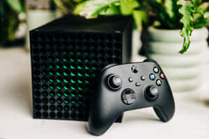 黑色 Xbox 主機和控制器，帶綠色燈光，旁邊是白色桌子上的室內植物。