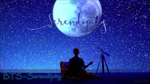 人坐在毯子上，在月亮和星星下，有望遠鏡和「serendipity」一詞