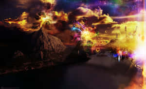 超現實奇幻場景，發光的山脈和宇宙天空倒映在水中。