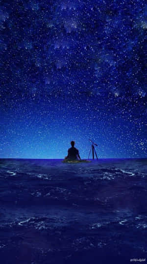 漂浮平台上的人晚上用望遠鏡觀察星星。