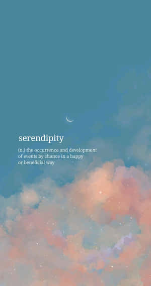 粉彩天空，有雲朵和新月，並帶有「serendipity」一詞。 — 唯美雲朵動態 壁紙