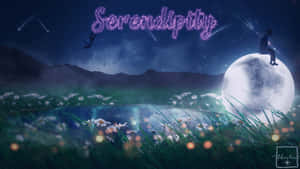 一個人坐在發光月亮上的剪影，在雛菊田野上方，繁星點點的夜空下，「serendipity」一詞漂浮在
