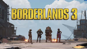 四個裝甲角色在廢棄的沙漠小鎮中，帶有 Borderlands 3 標誌。 — 邊緣禁地3 壁紙