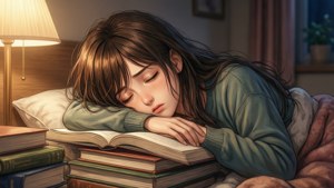 年輕女孩在床頭燈下睡在一堆書上。