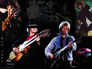 Bon Jovi 樂隊手持結他在舞台上現場表演。
