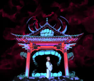 動漫角色在暗紅色天空下站在發光寶塔旁