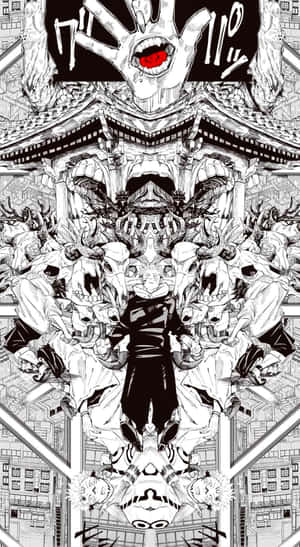動漫角色在鏡像城市場景中被惡魔面孔包圍。