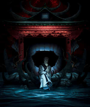 夜晚在紅色惡魔神社下的藍色水中的動漫角色。