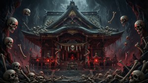 一個被頭骨和骨頭覆蓋的神社，天空風暴密佈