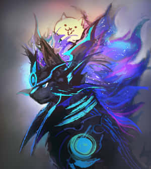 一隻深藍色的龍，眼睛發光，頭頂上漂浮著一隻黃色貓咪。 — 藝術 壁紙