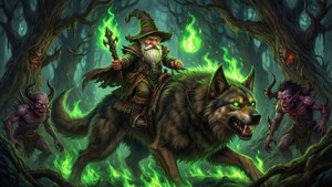 一位巫師騎著狼穿過黑暗的森林，周圍有綠色火焰和惡魔般的生物。