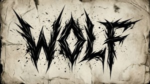 「WOLF」呢個詞以銳利黑色字體同飛濺效果呈現喺有紋理嘅羊皮紙上。