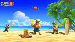 Clash of Clans 角色在陽光明媚的海灘度假中享受棕櫚樹和熱氣球。