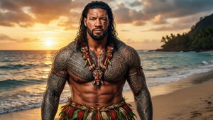 一個紋身男子穿著部落服裝，在日落時分站在海灘上。 — Roman Reigns 壁紙