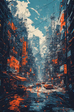 霓虹燈照亮的賽博龐克城市街道，帶有雨水倒影和高樓大廈 — 現代 壁紙