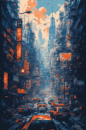 未來主義城市街道，高聳建築、霓虹燈牌和橙色出租車，天空多雲