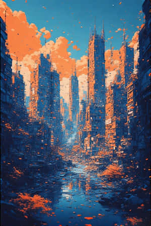 未來城市，高樓倒映在洪水中，天空橙色和藍色 — 現代 壁紙