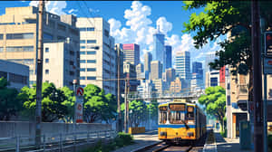 黃色電車在藍天下穿過有綠樹和高樓的城市街道上的軌道
