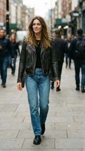 身穿皮褸和牛仔褲的女性走在城市行人路上。